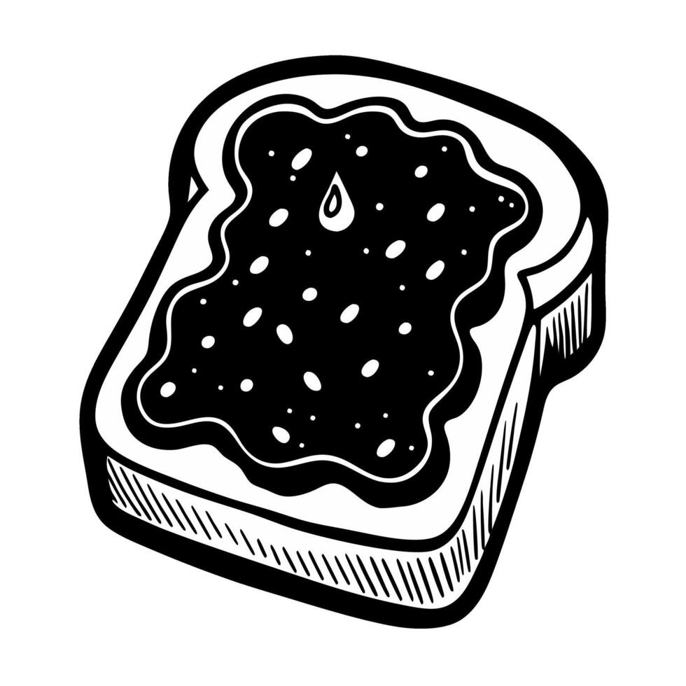Simple illustration of toast with jam depicting a classic breakfast staple in black and white line art vector