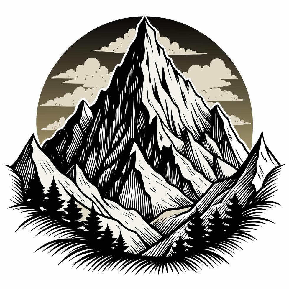 Vintage Mountain Landscape with Trees and Clouds in Monochrome Design vector