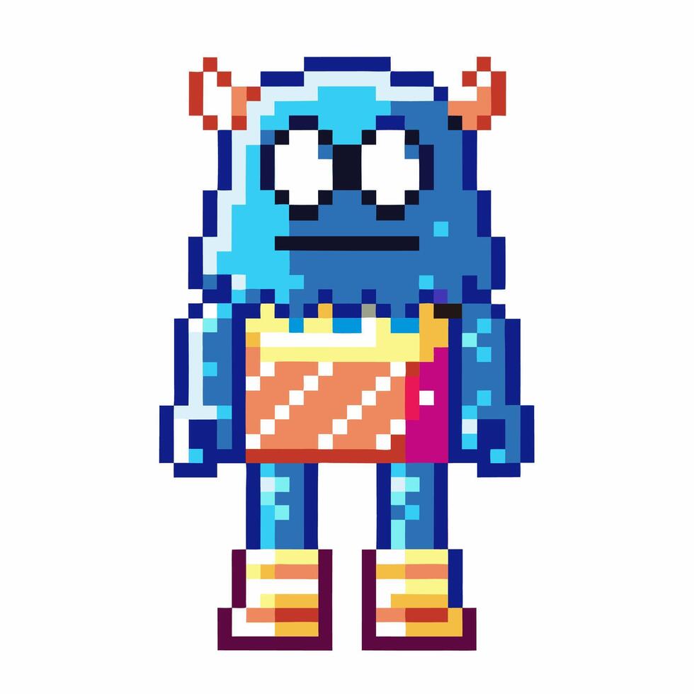 Colorful pixel art blue monster character with orange horns and striped outfit, retro game fantasy comic design vector