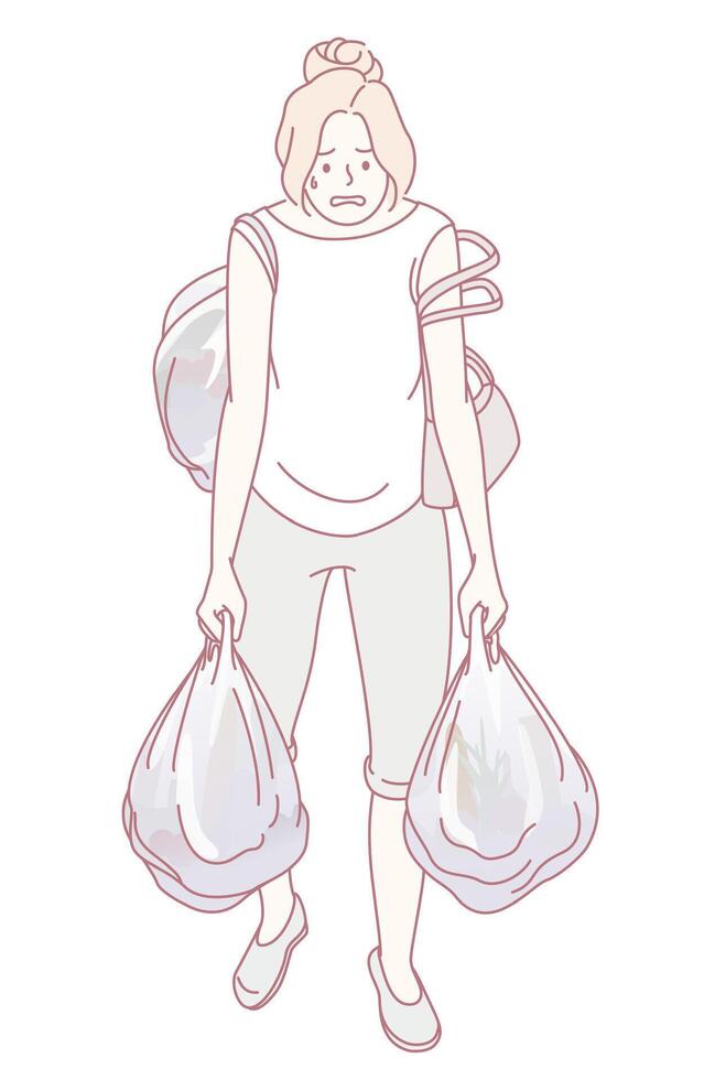 A Woman Struggling While Engaged in the Challenging and Everyday Task of Carrying Trash Bags vector