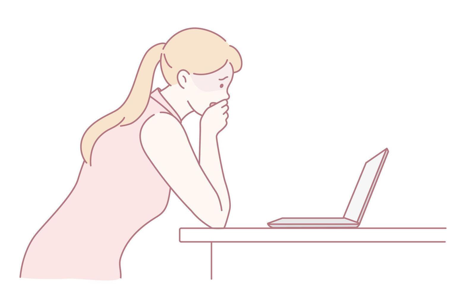 A contemplative woman is thoughtfully engaged in her work while using a laptop computer vector