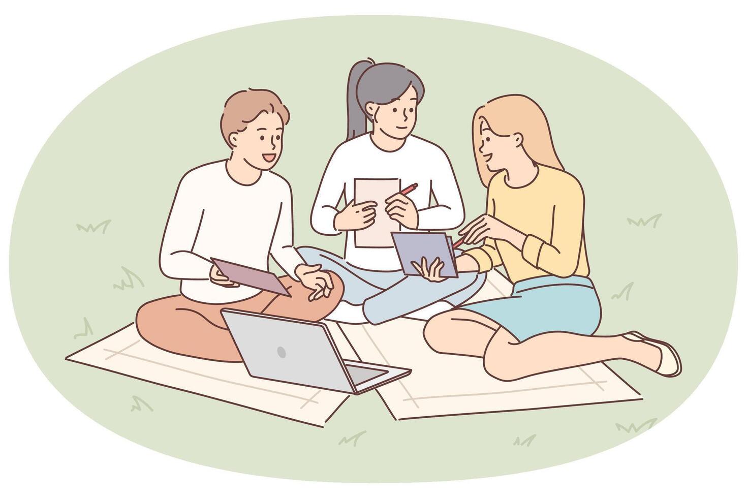Students are sitting on lawn with laptop preparing joint extracurricular activity assigned vector
