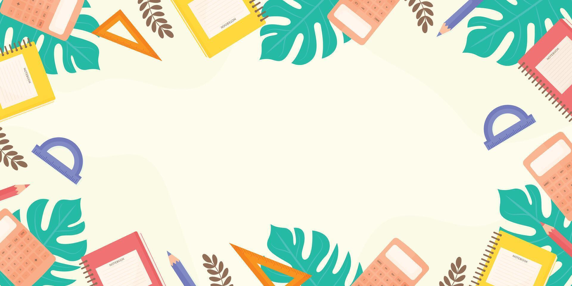 School Background with Stationery and Notebooks for Education Design. vector