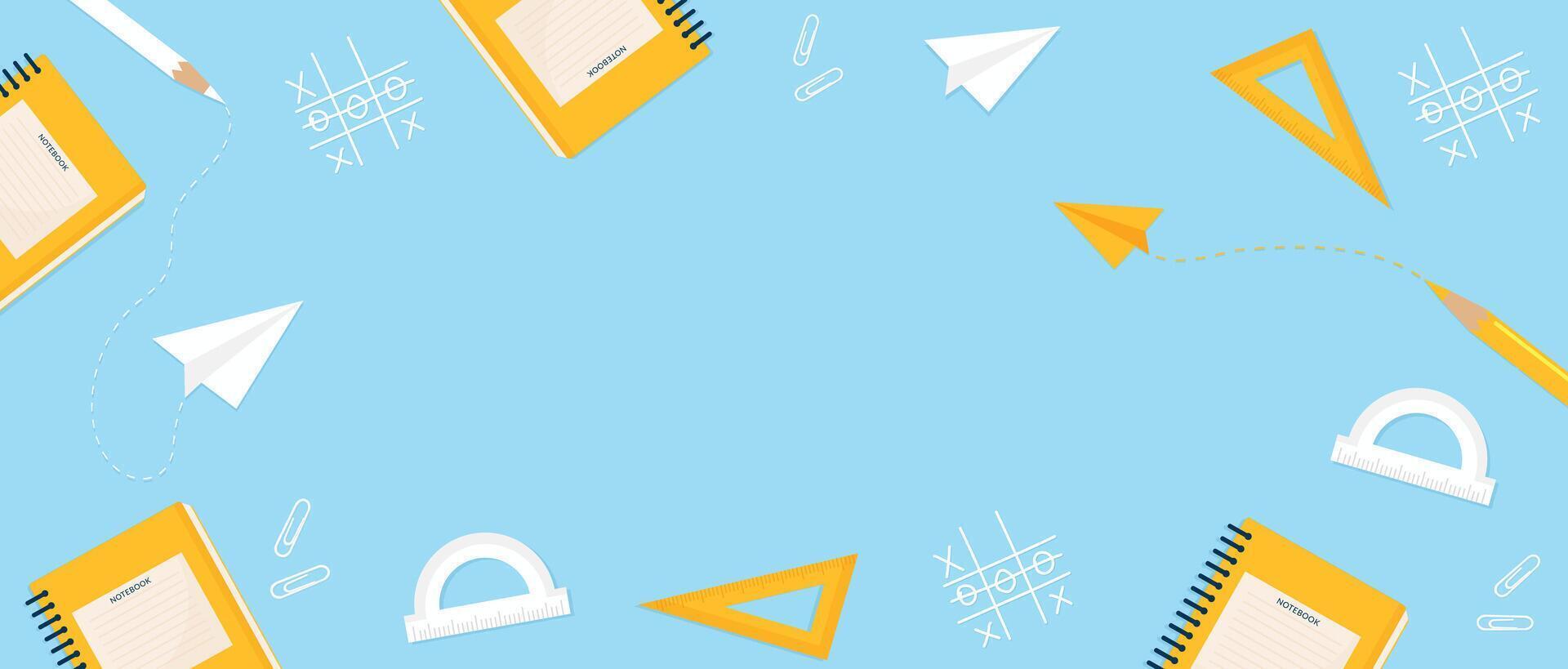 Back to School Flat Banner with Study Supplies and Doodles. vector