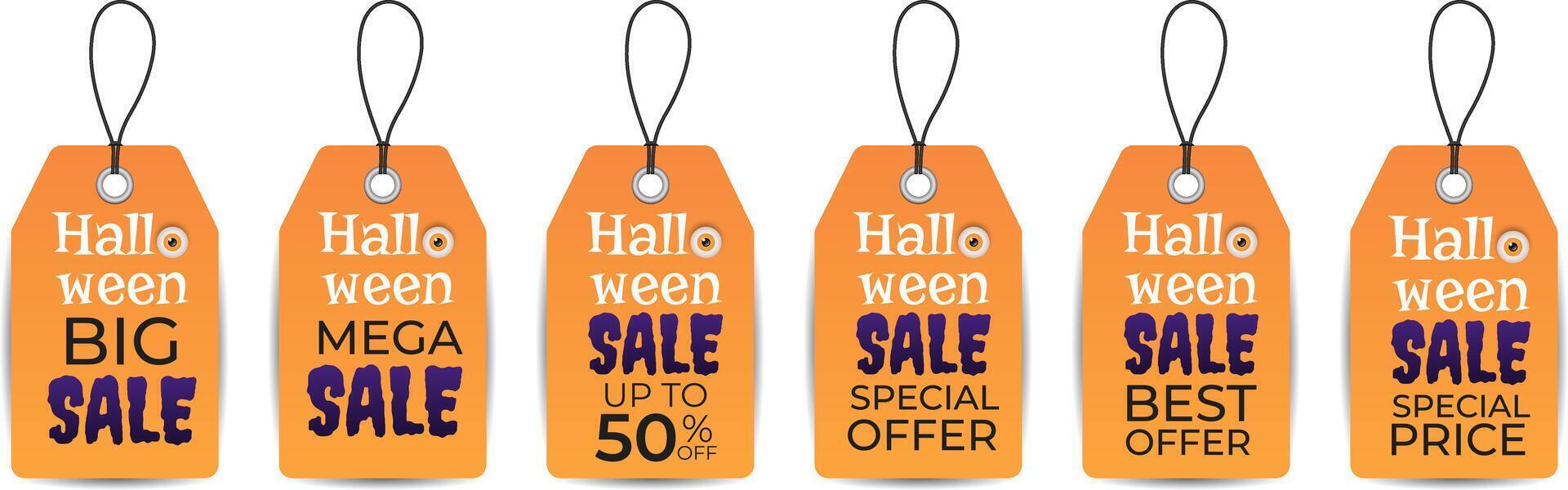 Set of isolated realistic Halloween sale tags. Orange tags with special offers. Big sale, mega sale, special price, discounts up to 50 percent. vector