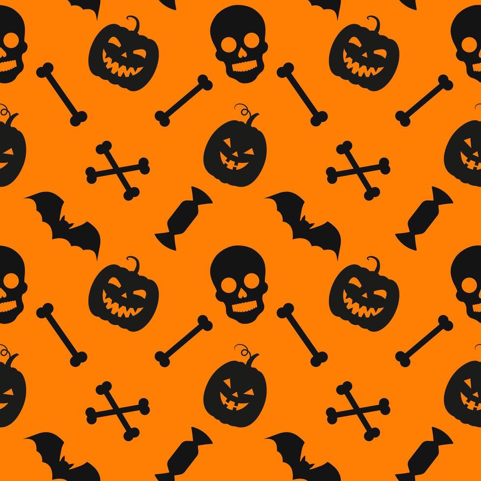 Seamless repeating halloween pattern of candies, pumpkins, skulls, bats on orange background. illustration. vector
