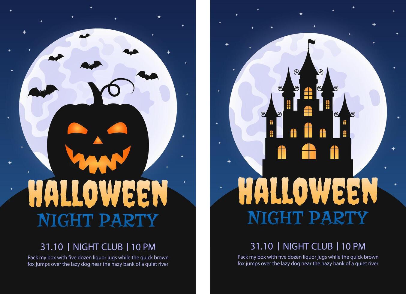 Set of Halloween Night Party Invitation Templates. Illustration. Pumpkin, Haunted House, Full Moon. vector