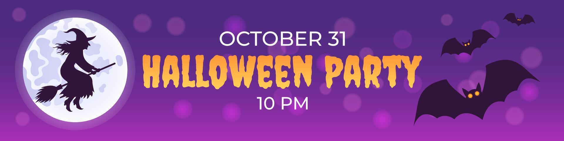 Halloween poster or placard. horizontal illustration with witch, full moon and bats. Banner for website header. vector