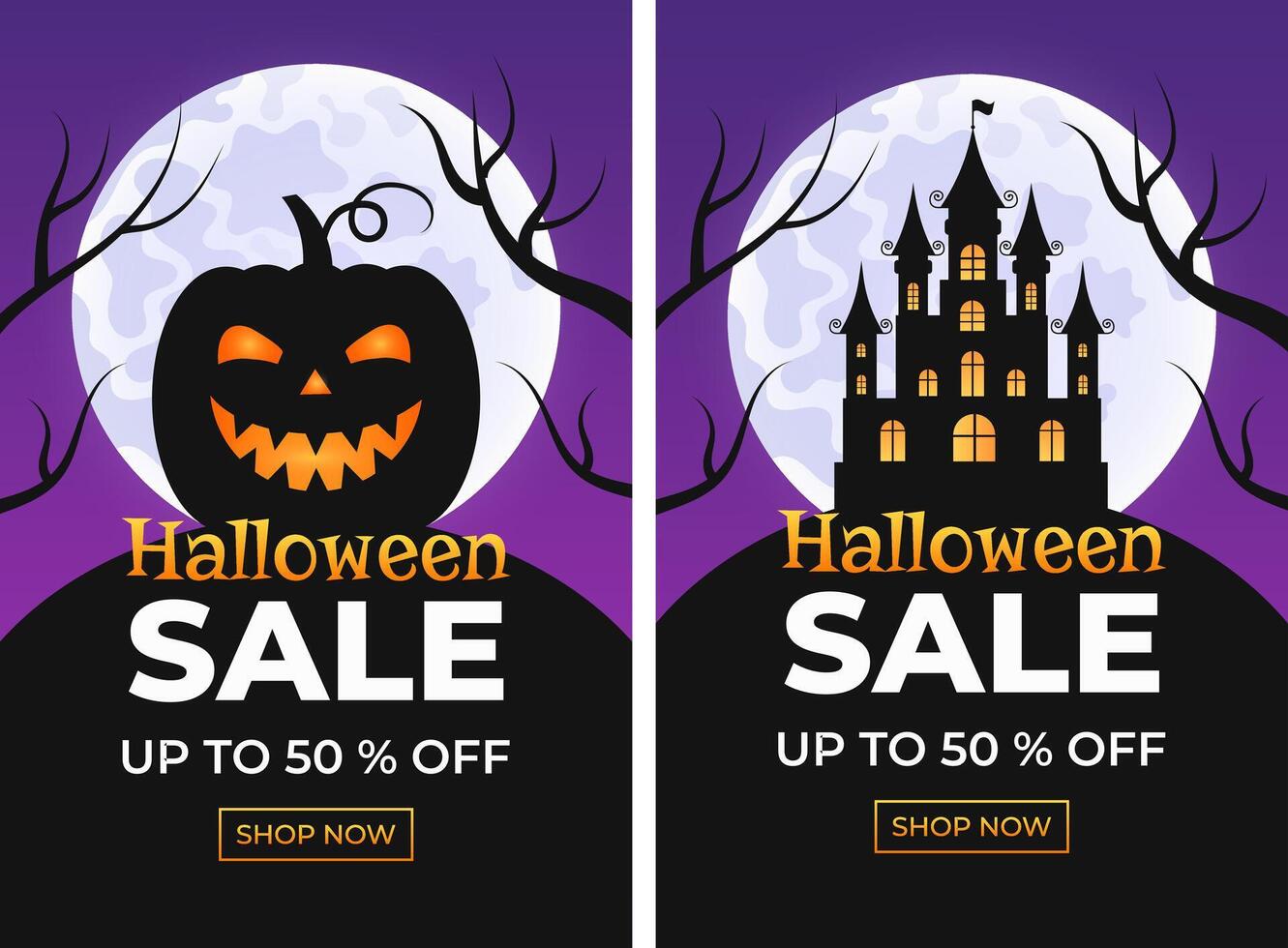 Halloween Sale. Set of banners with pumpkin and castle with scary night landscape on the background of the moon. vector