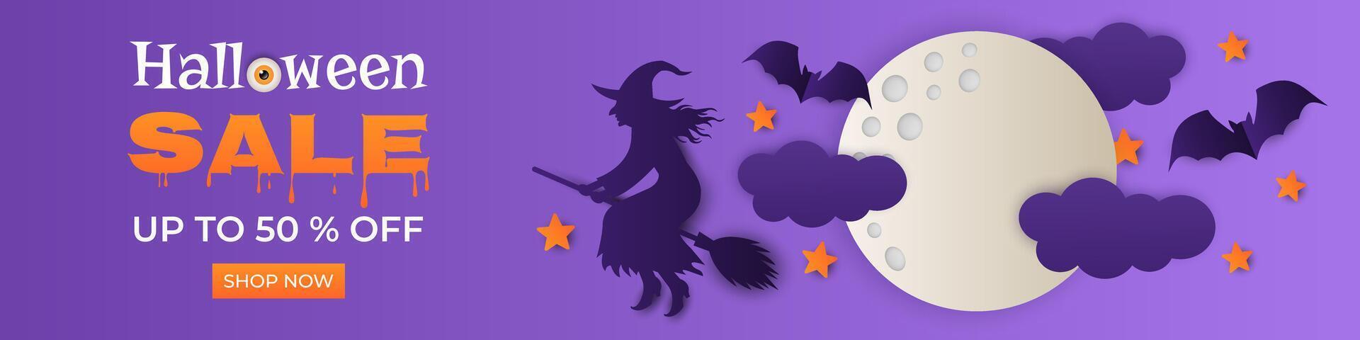 Halloween Sale. Paper cut horizontal banner with moon, witch, stars and bats. Special offer up to 50 percent off. vector