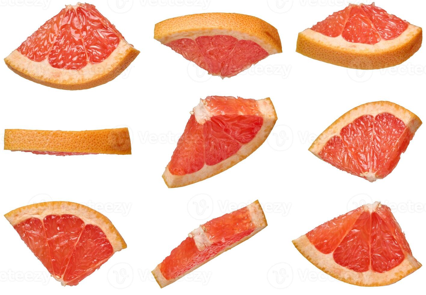 Triangular grapefruit slices with juicy pulp on an isolated background in different angles on an isolated background photo