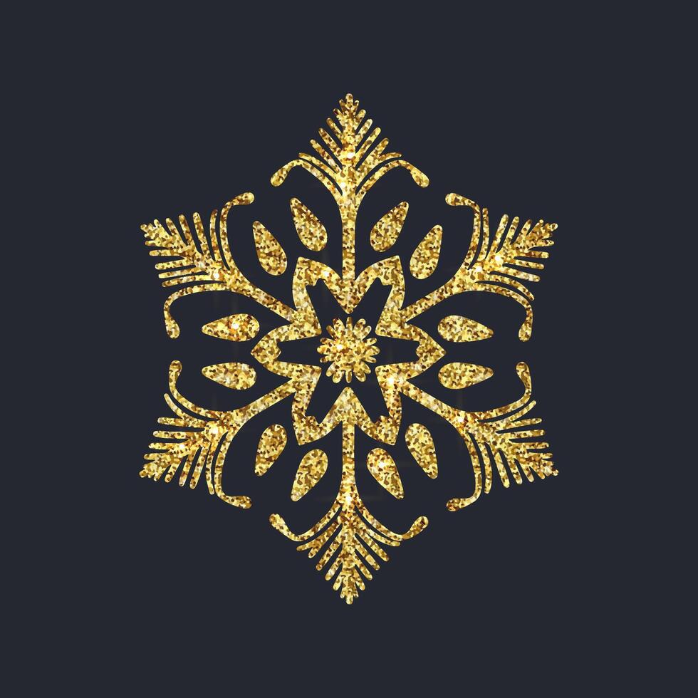 Boho Golden glitter texture snowflake isolated on dark background. illustration. Sparkling confetti texture vector