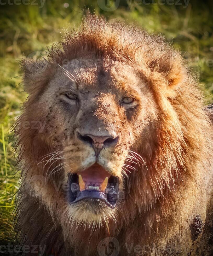 Majestic male lion showing teeth and looking menacing photo