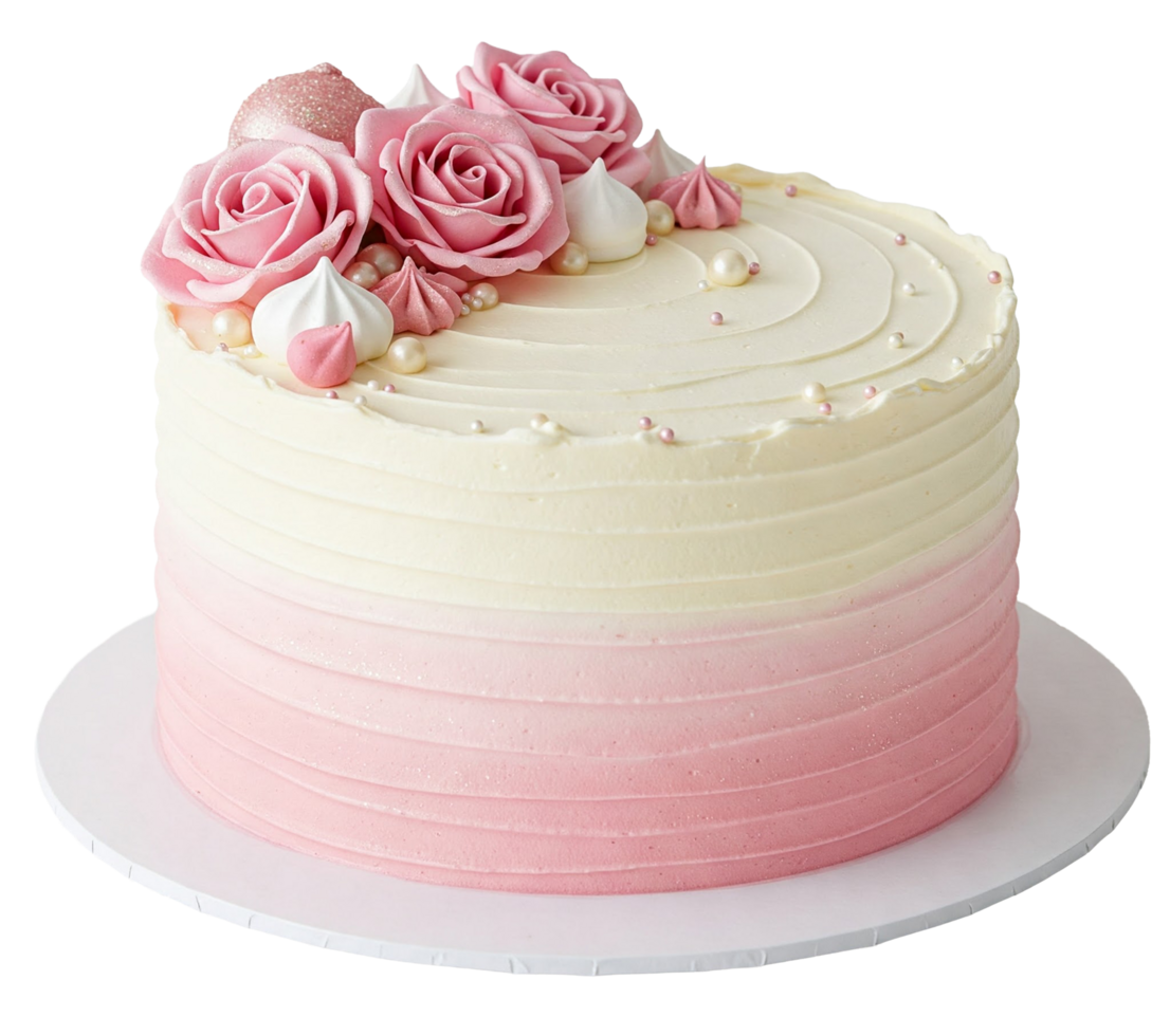 Pink ombre cake with roses decor png