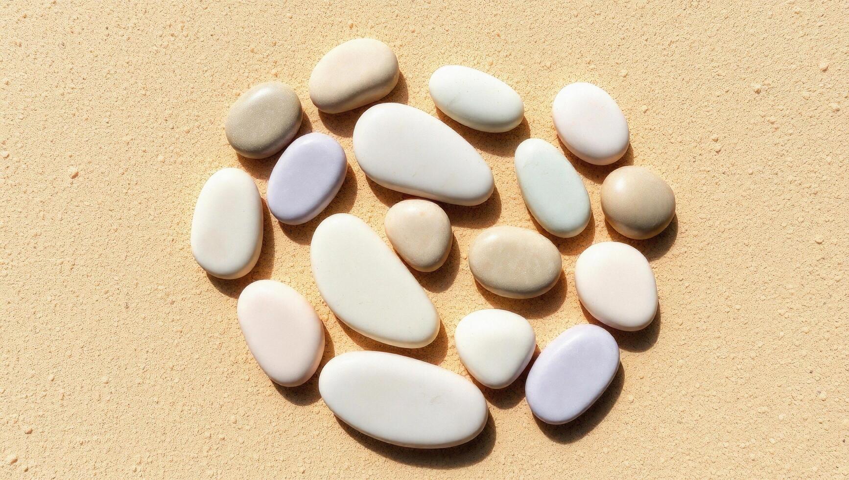 Serene pastel stones arranged in a circle on beige sand. minimalist with spa like mood. photo