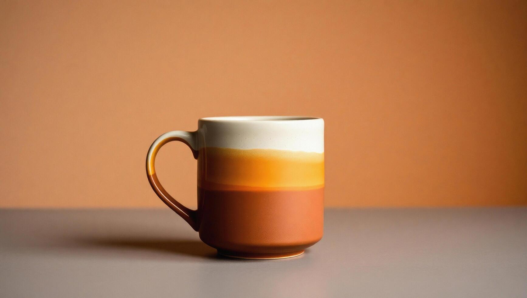 Ceramic mug in rich warm autumnal tones displayed on a neutral background for a clean, minimalist and cozy lifestyle product concept. photo