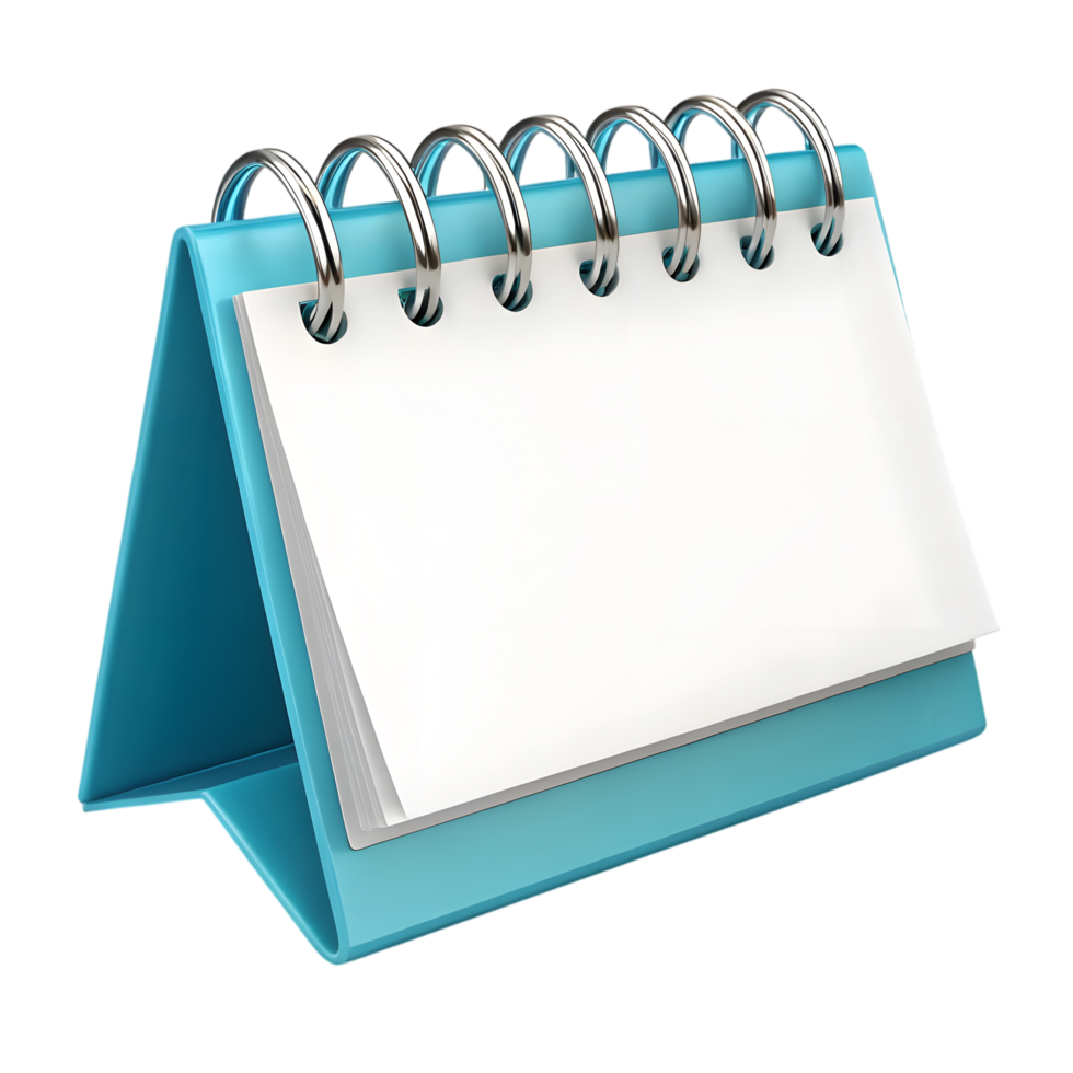 Desktop calendar with a blank white surface, featuring a light blue stand and silver binder rings against a black backdrop, transparent background png