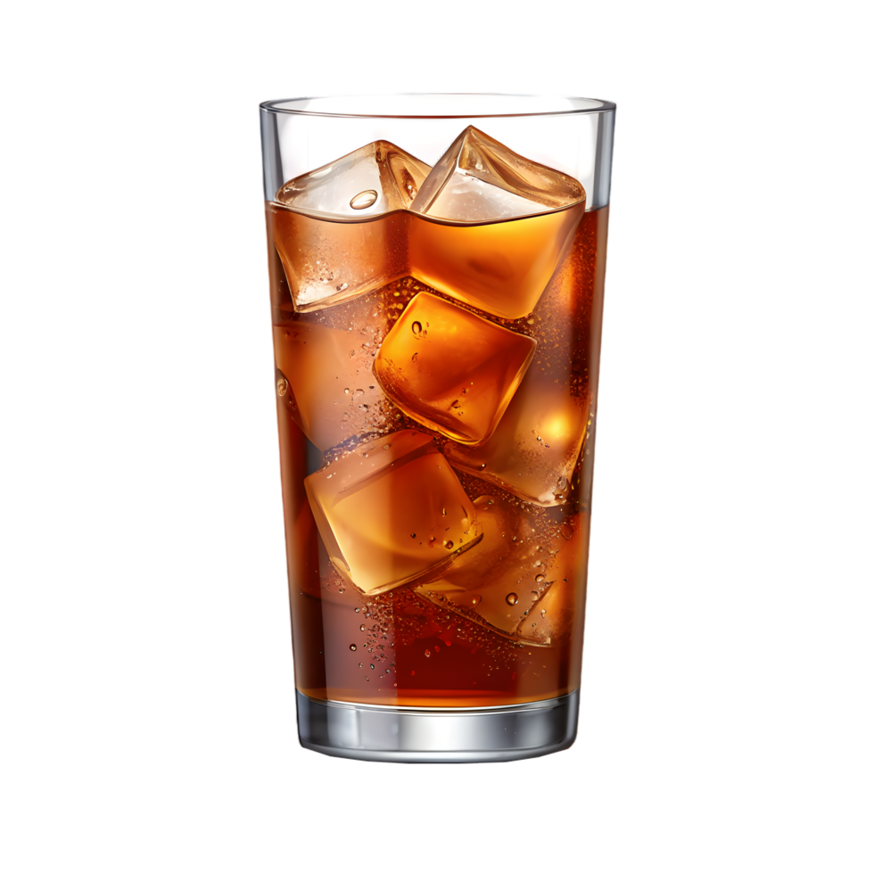 Refreshing cola beverage with ice cubes in a clear glass, transparent background png