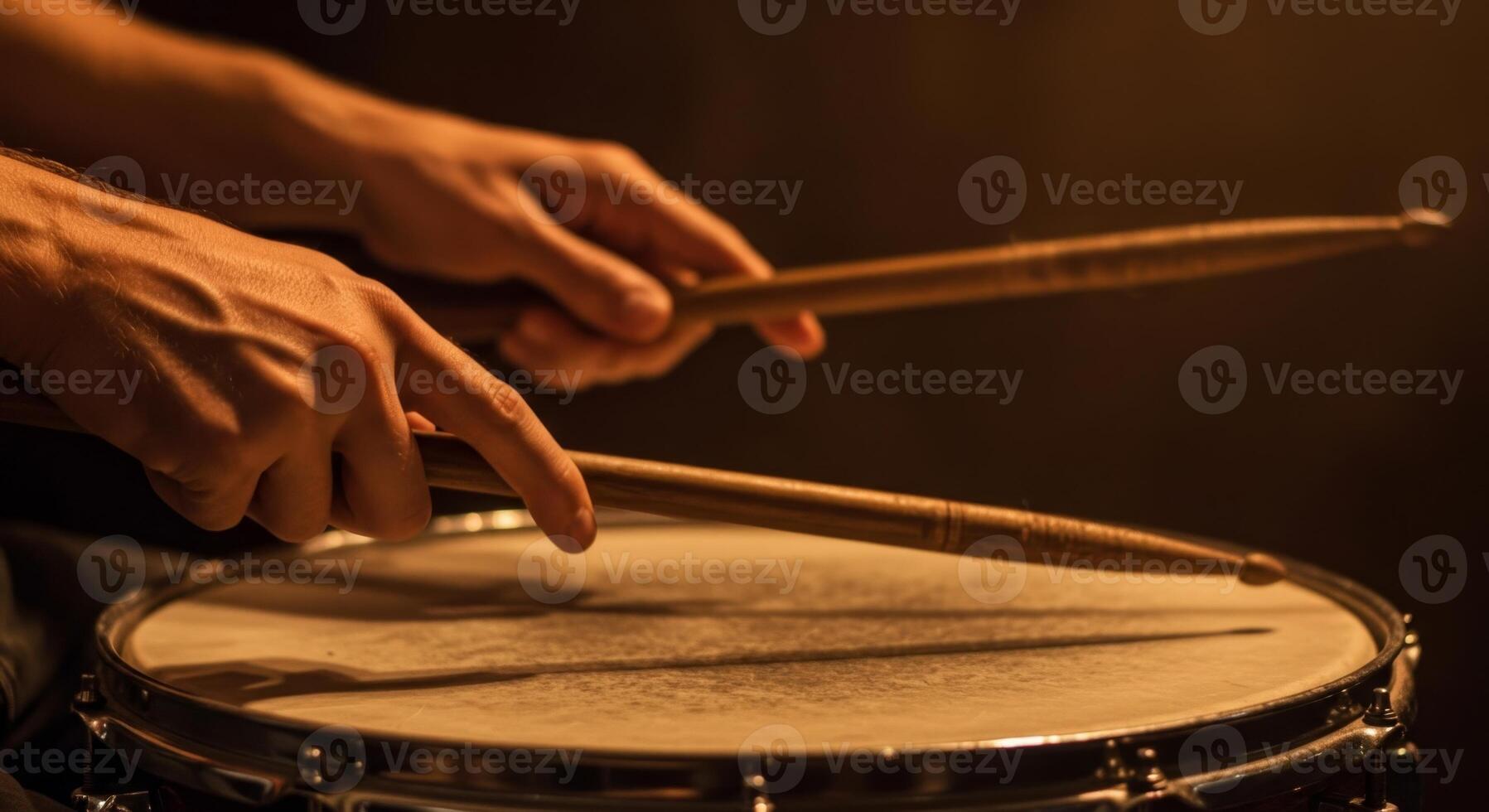 Drummer's Hands Playing Snare Drum with Wooden Drumsticks, Close-Up, Dark Background, Musical Instrument photo