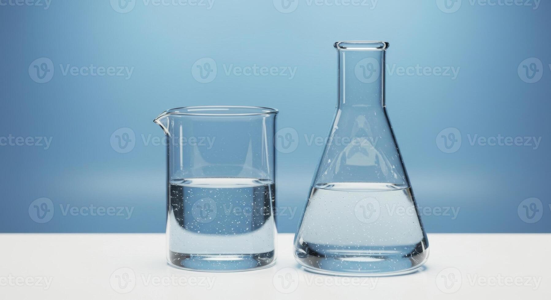 Two Laboratory Glassware Vessels Filled With Water, Blue Background, Scientific Experiment Concept photo