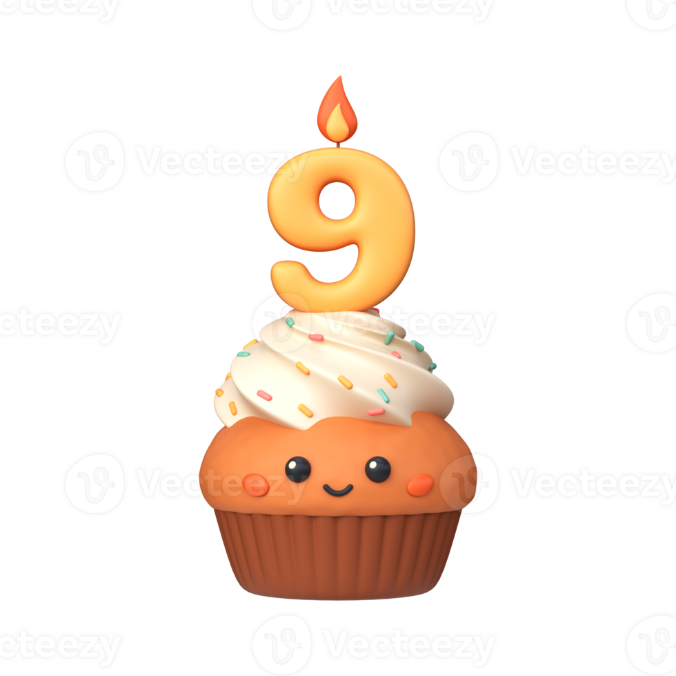 Cute 3D birthday cupcake with candle and number 9 png