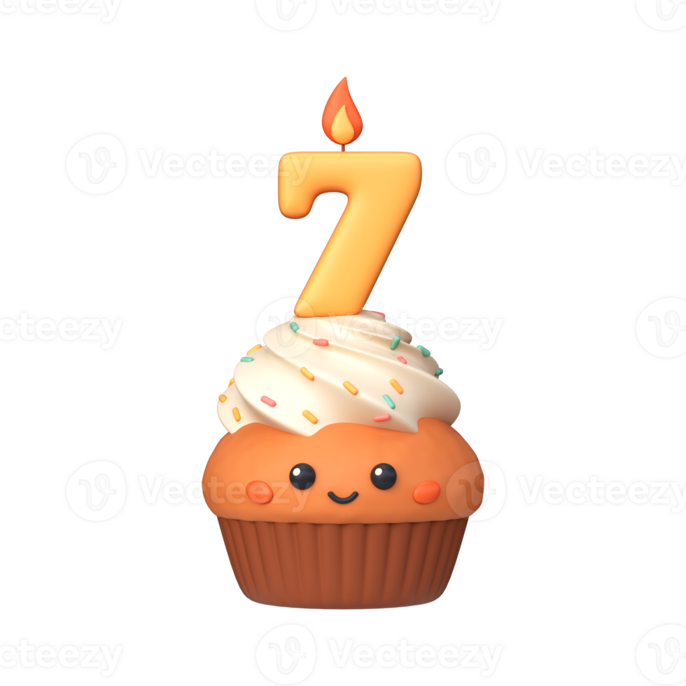 Cute 3D birthday cupcake with candle and number 7 png