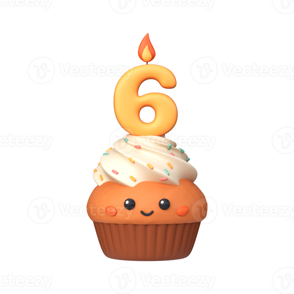 Cute 3D birthday cupcake with candle and number 6 png