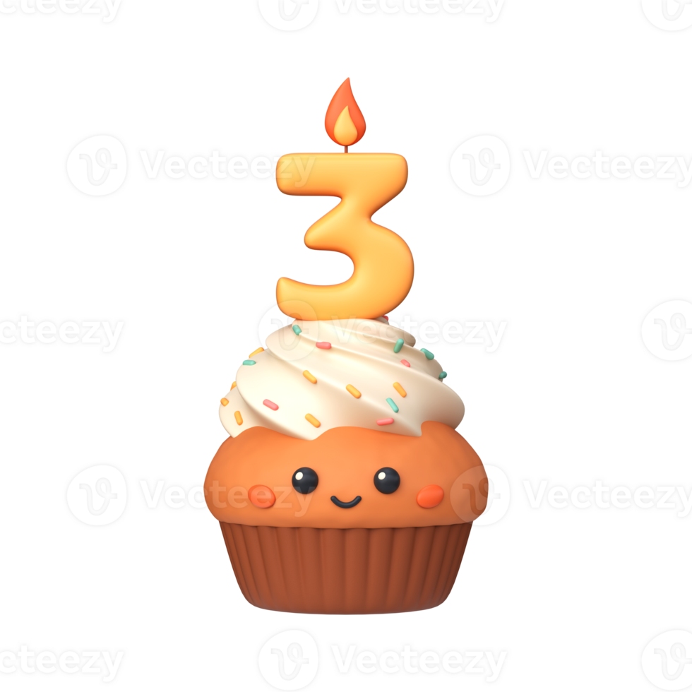 Cute 3D birthday cupcake with candle and number 3 png