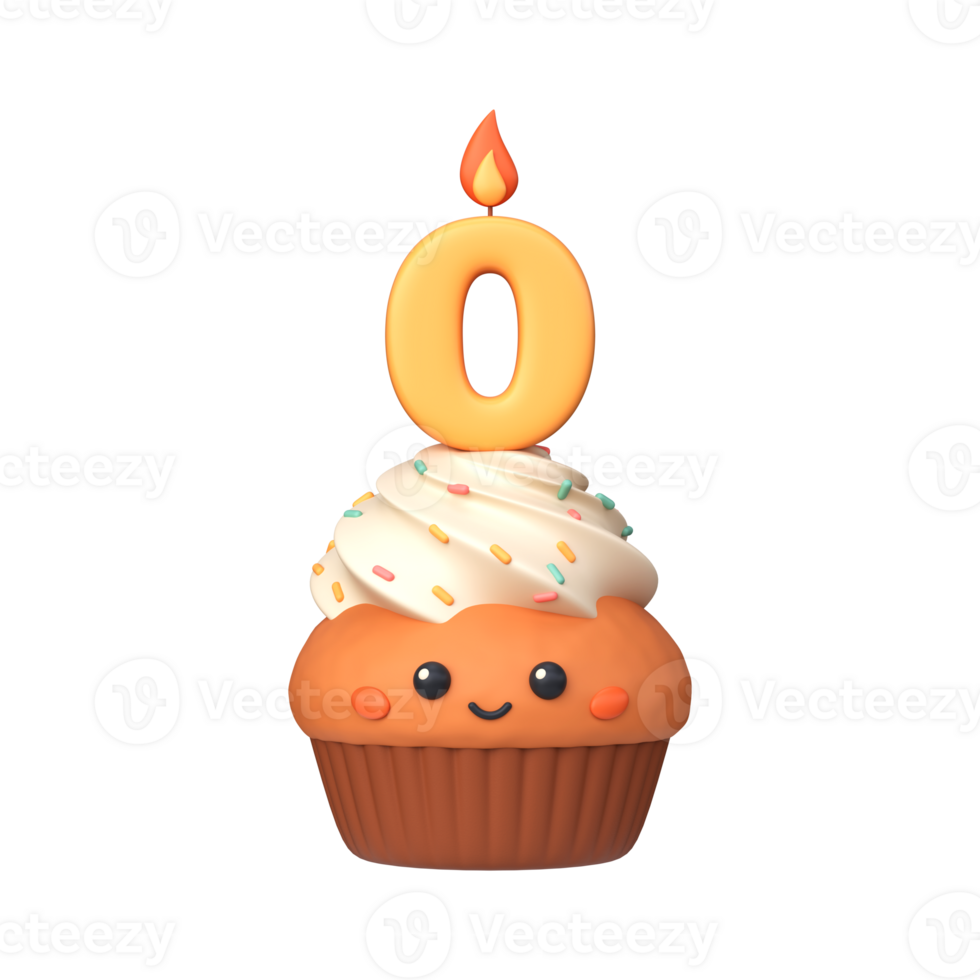 Cute 3D birthday cupcake with candle and number 0 png