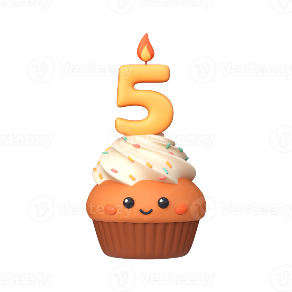Cute 3D birthday cupcake with candle and number 5 png