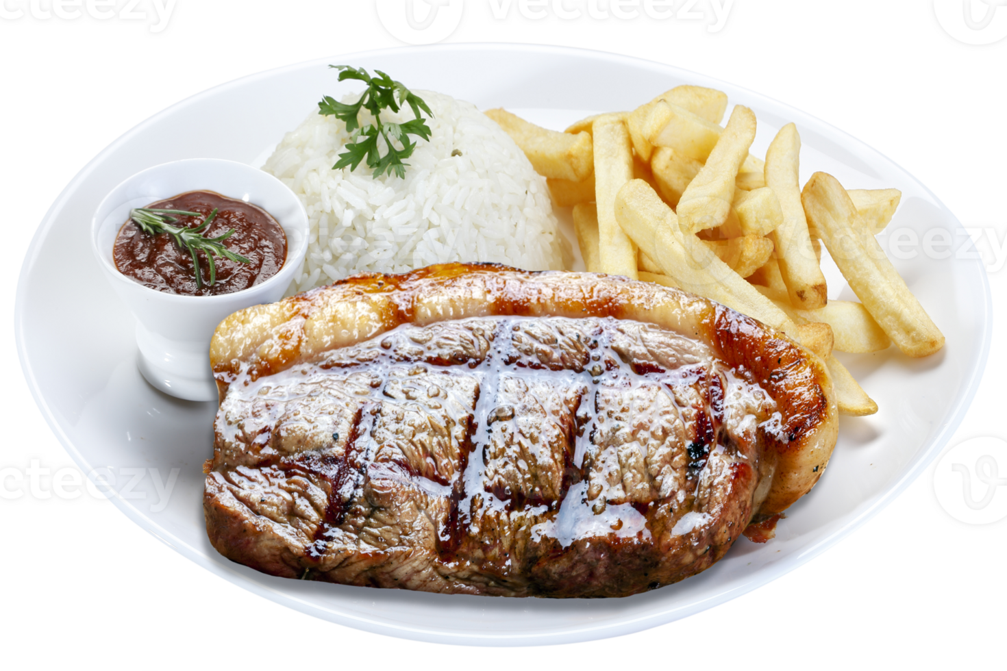 Roasted picanha steak, rice, salad, farofa, fries, sauce png