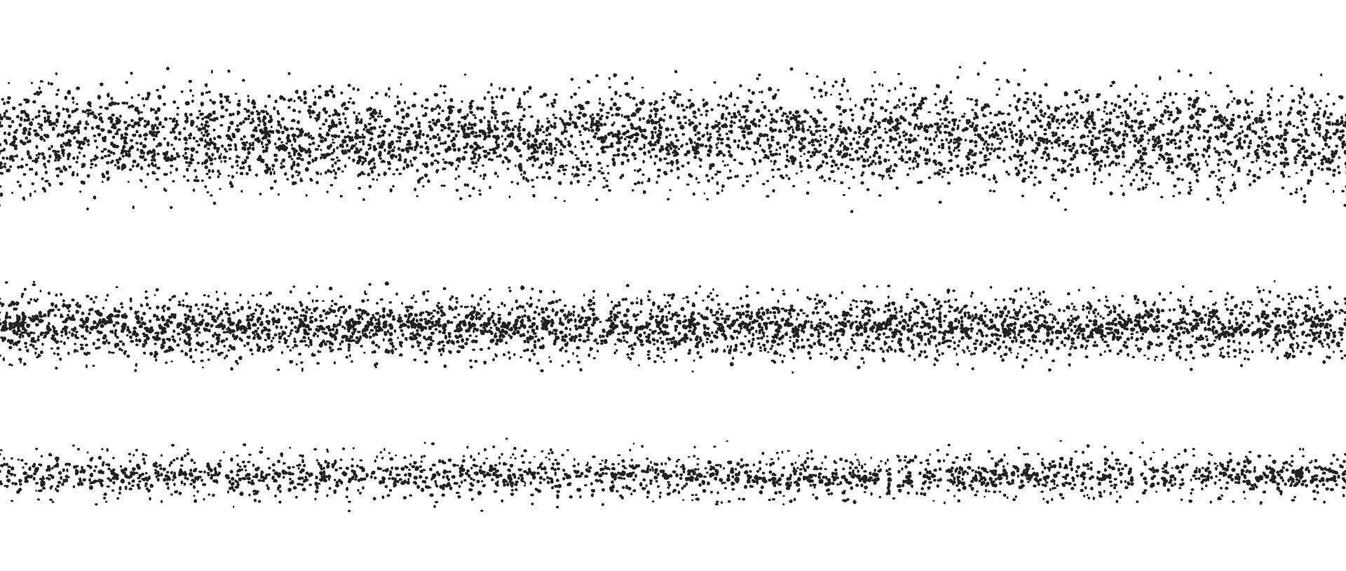 Repeating stippled stroke set. Grain dotted brush lines collection. Grunge sprinkle spray texture pack. Dirty dust sand noise horizontal elements. Splattered dotted stripes and dividers. vector