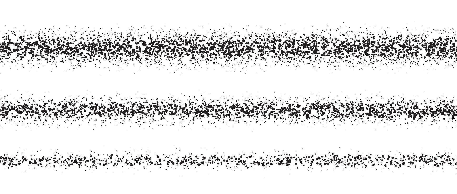 Repeating stippled stroke set. Grain dotted brush lines collection. Grunge sprinkle spray texture pack. Dirty dust sand noise horizontal elements. Splattered dotted stripes and dividers vector