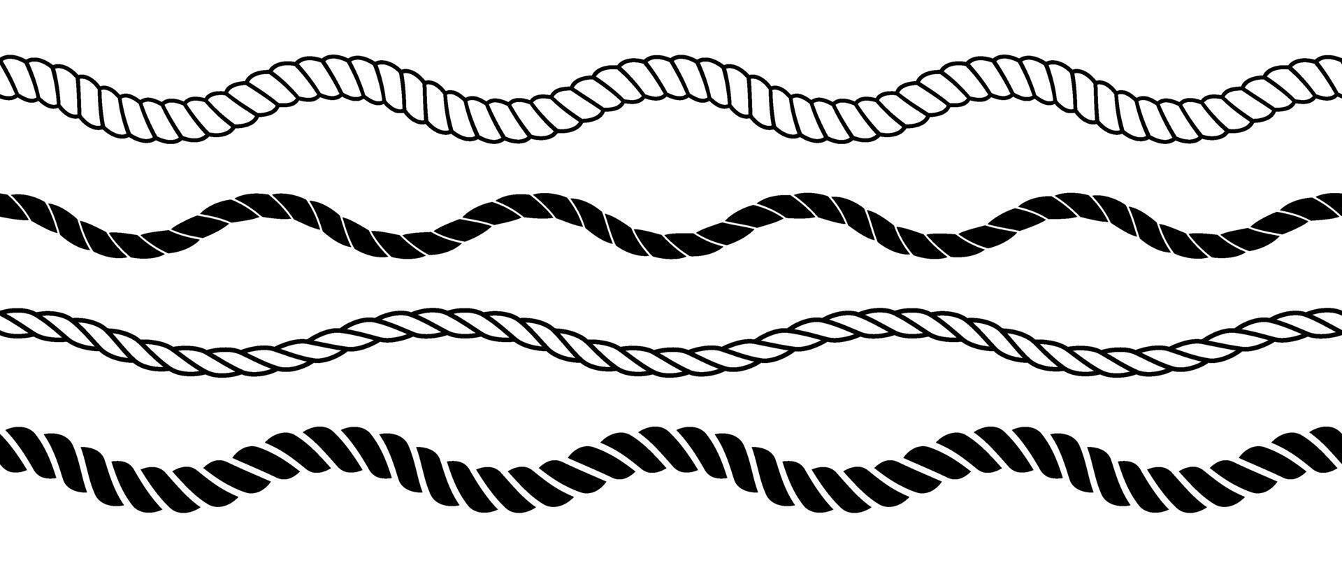 Rope wave set. Repeating hemp cord line collection. Waving chain, braid, plait stripe bundle. Seamless decorative plait pattern. Marine twine design elements for banner, poster, frame vector