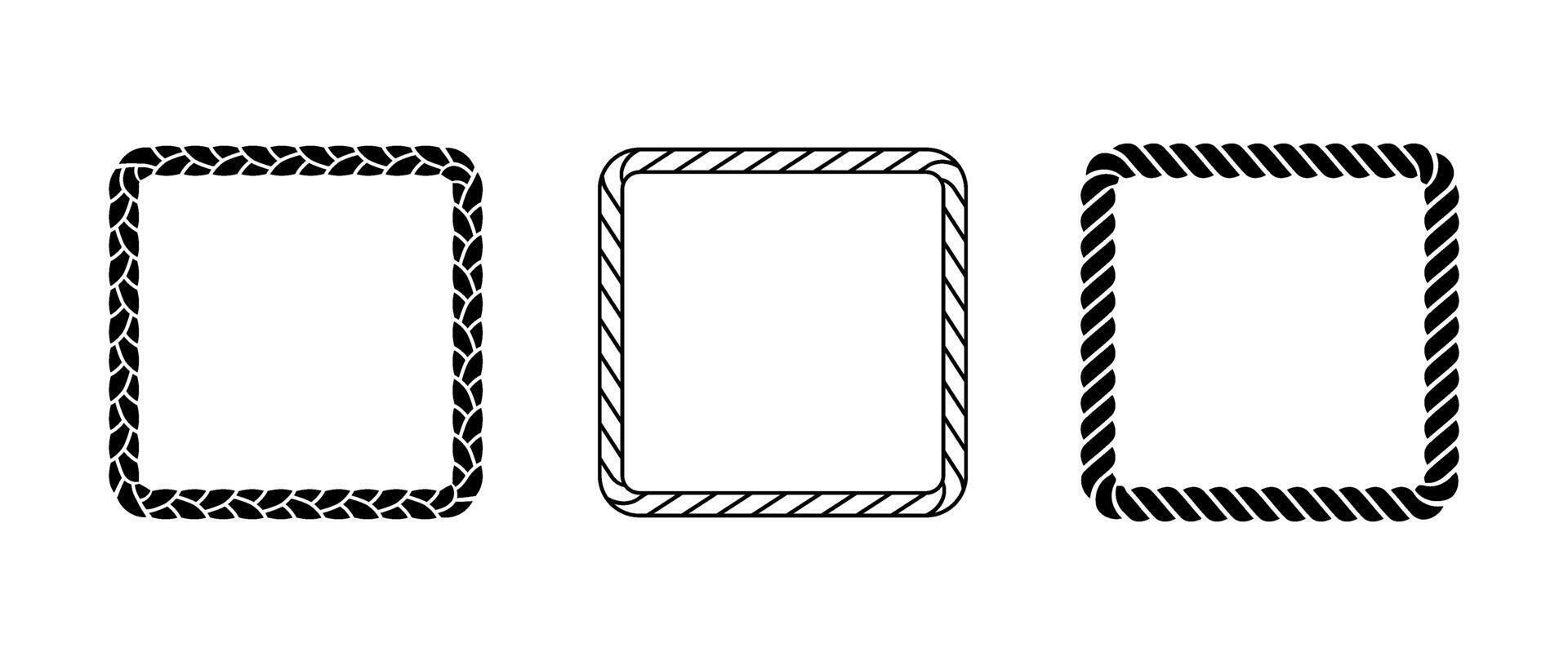 Rope frames. Squared cord border collection. Rectangular rope loop pack. Chain, braid or plait border bundle. Square design elements for decor, banner, poster, booklet. Decoration frames vector