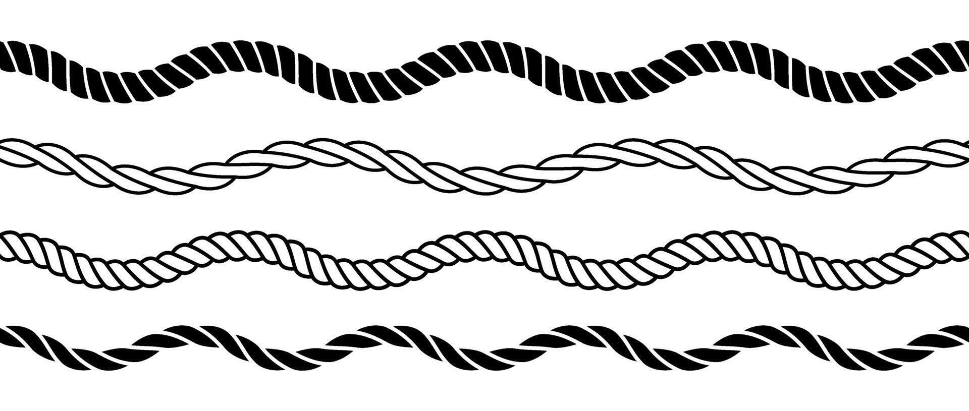 Rope wave set. Repeating hemp cord line collection. Wavy chain, braid, plait stripe bundle. Seamless decorative plait pattern. Marine twine design elements for banner, poster, frame vector