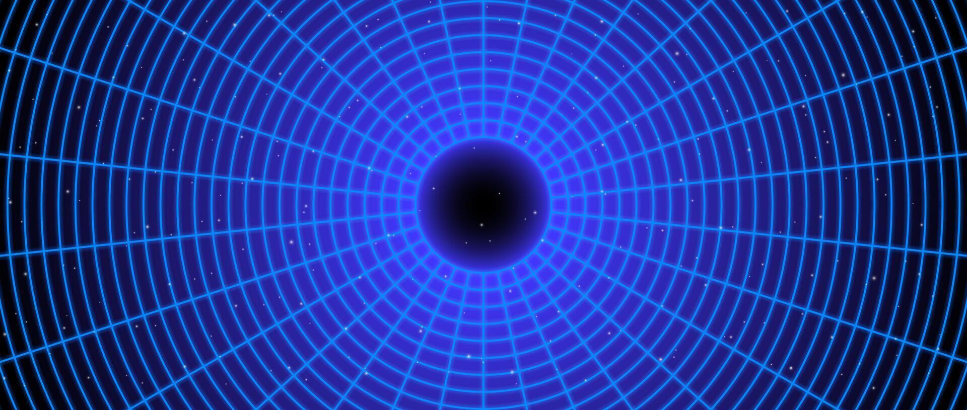 Blue glowing wireframe tunnel. Neon wormhole in dark space with stars. Grid tunnel in perspective. Funnel or portal illusion. Circular mesh structure tube. Optical illusion art vector