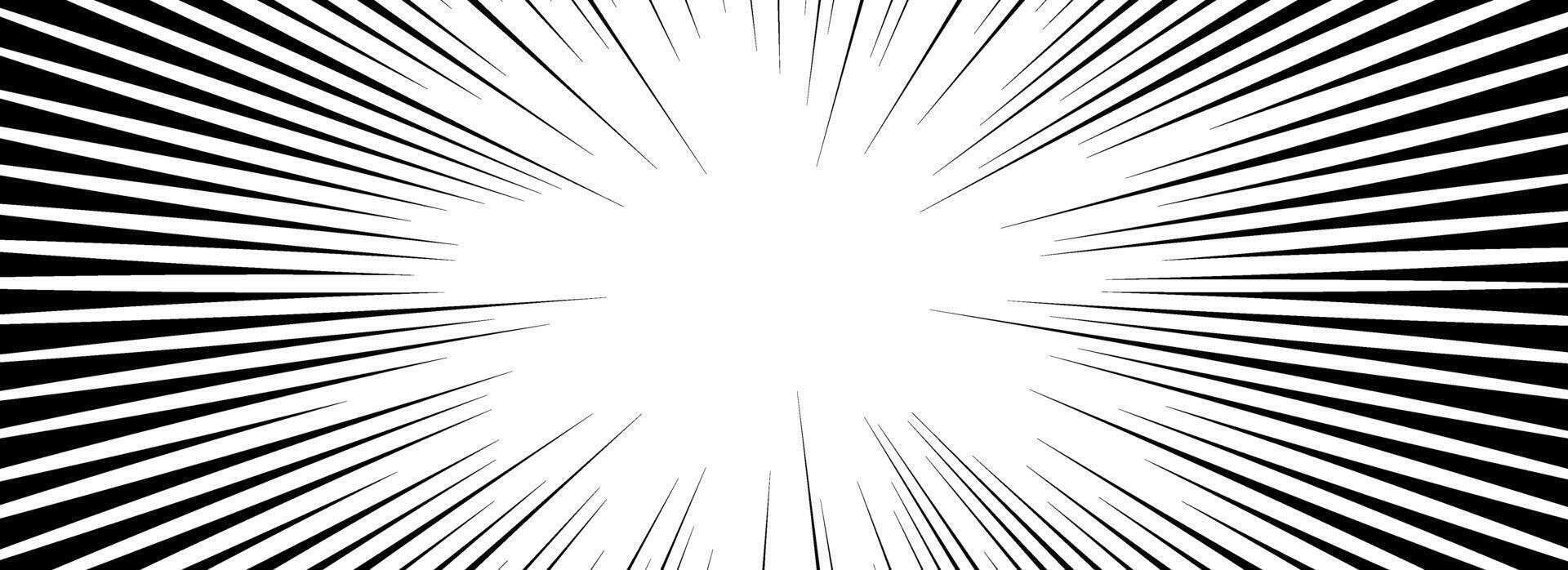 Comic speed line background. Cartoon book explosion effect. Black and white radial pattern. Pop art flash beams or rays. Manga or anime sunburst wallpaper. Superhero impact backdrop vector