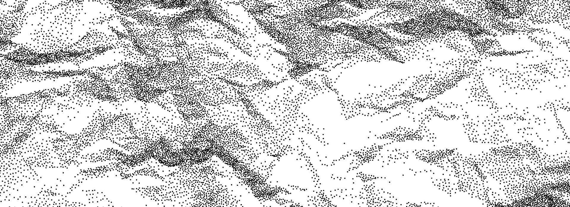 Black stippled crumpled paper texture concept. Rough dotted wrinkled background. Gritty creased paper sheet backdrop. Noisy grainy notebook page wallpaper. Aged damaged gritty overlay vector