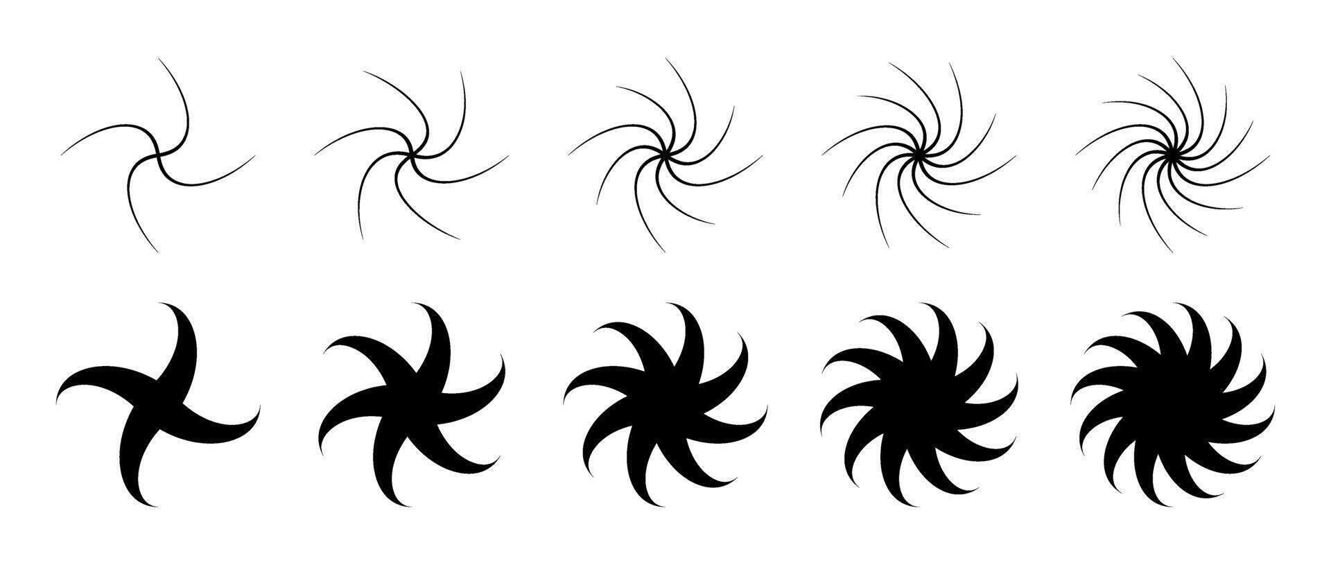 Different twist or swirl element set. Black twirling and rotating effect collection. Circular radial revolving whirlwind symbols bundle for graphic design. Tornado or whirlpool rotation pack. vector