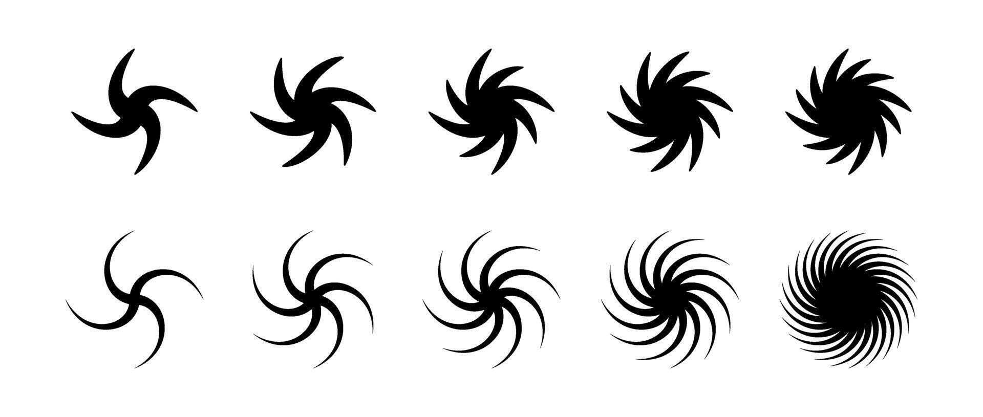 Swirl element set. Black twirling and rotating effect collection. Circular radial revolving whirlwind symbols bundle for graphic design. Twist, gyre or whirlpool rotation pack. vector