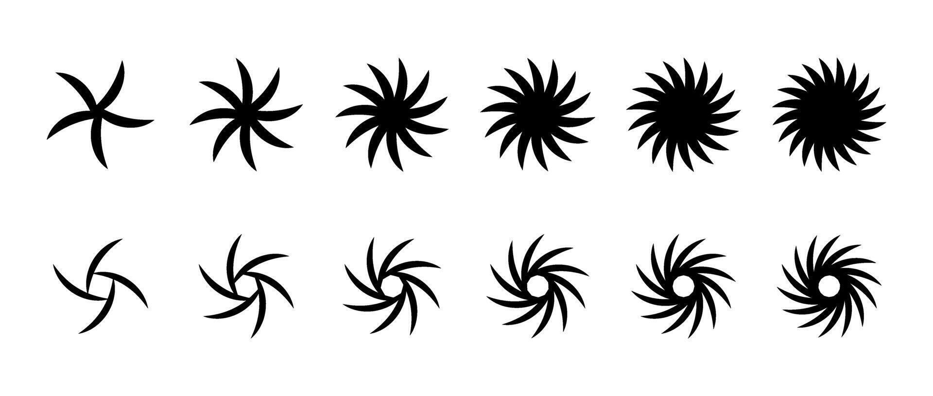 Different twist and swirl element set. Black dotted twirl and rotating lines collection. Circular radial dashed revolving whirlwind symbols bundle for graphic design. vector