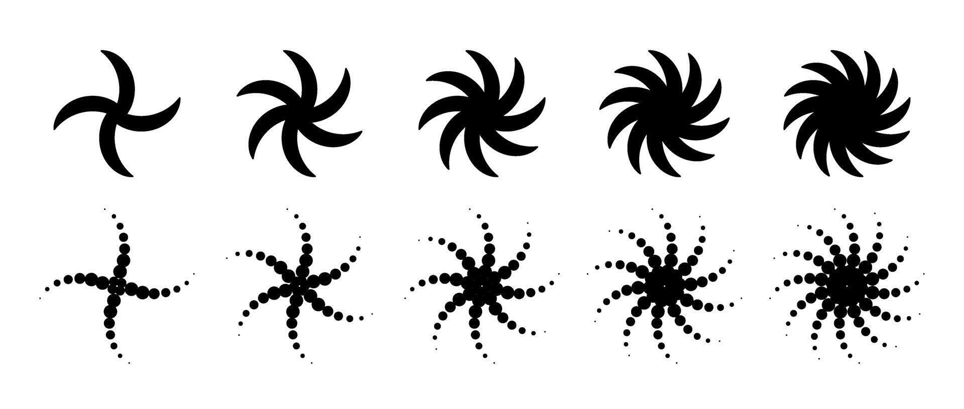 Different twist or swirl element set. Black twirl and rotating line collection. Solid and dotted radial revolving whirlwind symbol bundle. Tornado or whirlpool rotation effects. Graphic design vector