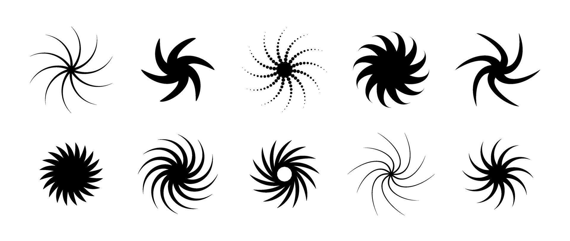 Various twist and swirl element set. Black dotted twirl and rotating symbol collection. Circular radial revolving spinning whirlwind object bundle for graphic design, poster, banner. vector