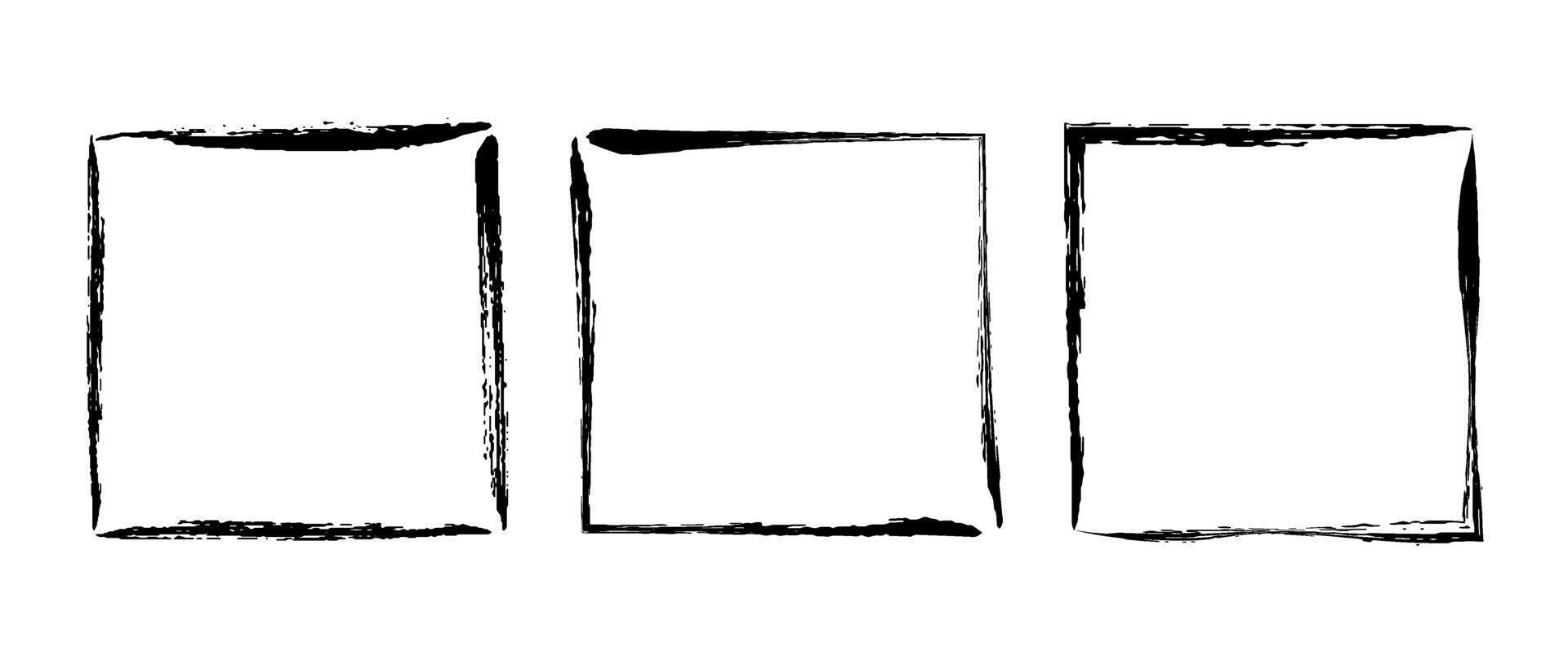 Grunge square frame set. Different paint brush border collection. Black chalk or ink rectangular uneven stroke elements for design, banner, poster, flyer, brochure, cover. Square carde vector