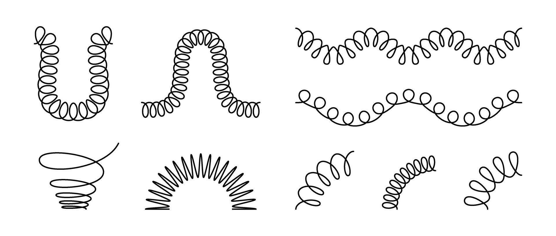 Spiral spring set. Black wire coil springs collection. Thin wire frames, zigzag lines, metal waves, flexible coils and arch elements pack for graphic design templates, decor, border. vector