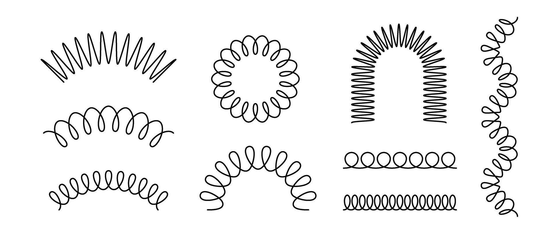 Black spiral spring set. Wire coil springs collection. Thin wire frames, zigzag lines, metal waves, flexible coils and arch elements pack for graphic design templates, decor, border. vector