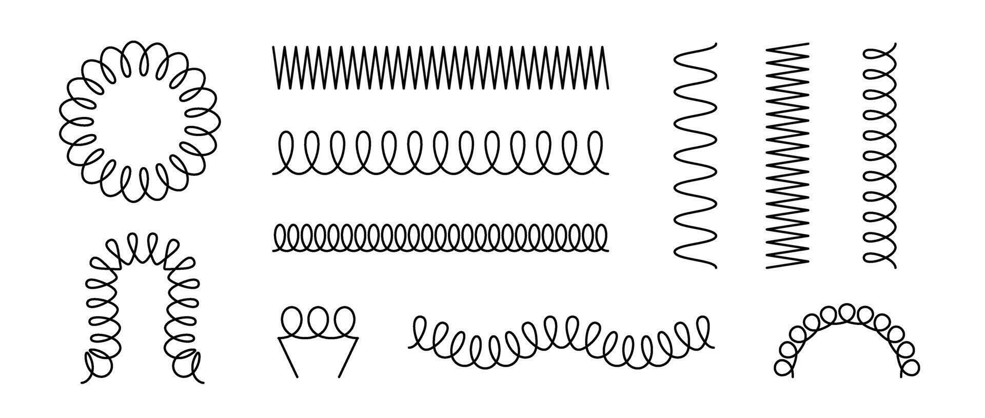 Set of spiral springs. Black metal wire coil collection. Thin spirals, zigzag lines, wire waves, flexible coils element pack for graphic design templates, decor. Illustration bundle vector