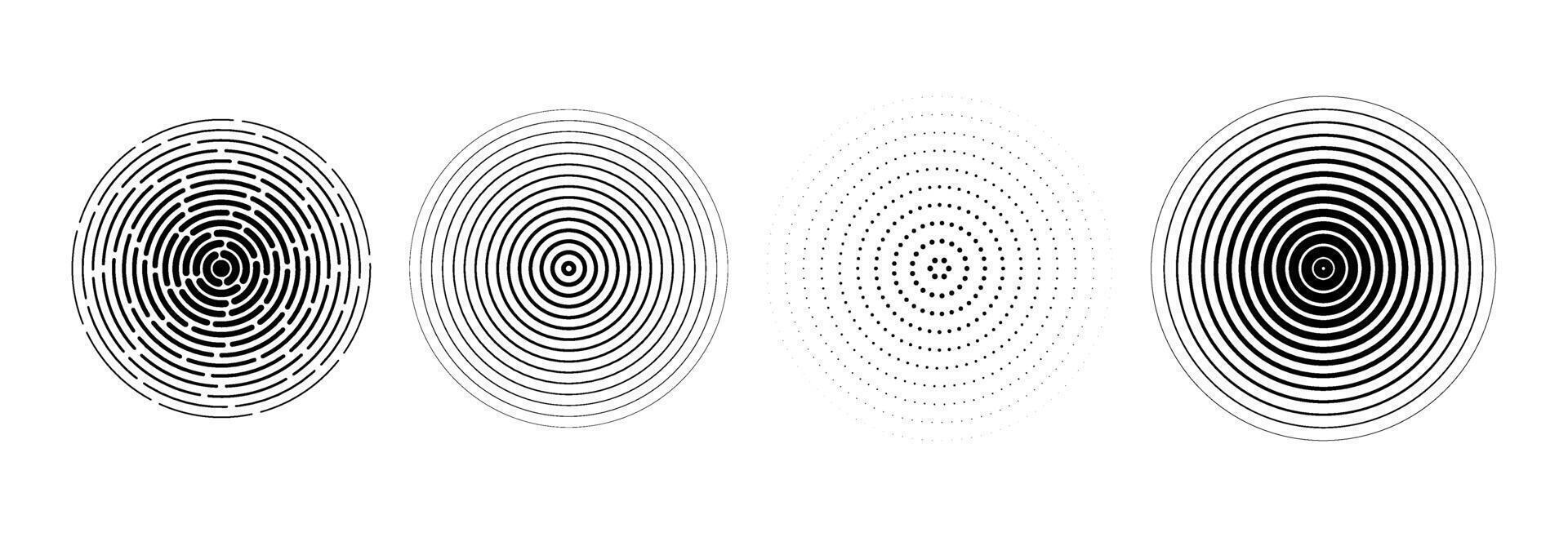 Black radial circle set. Sonar or sound wave ring collection. Halftone and linear epicenter, target, radar icon concept. Rippled concentric signal vibration elements. Dashed and dotted symbols vector