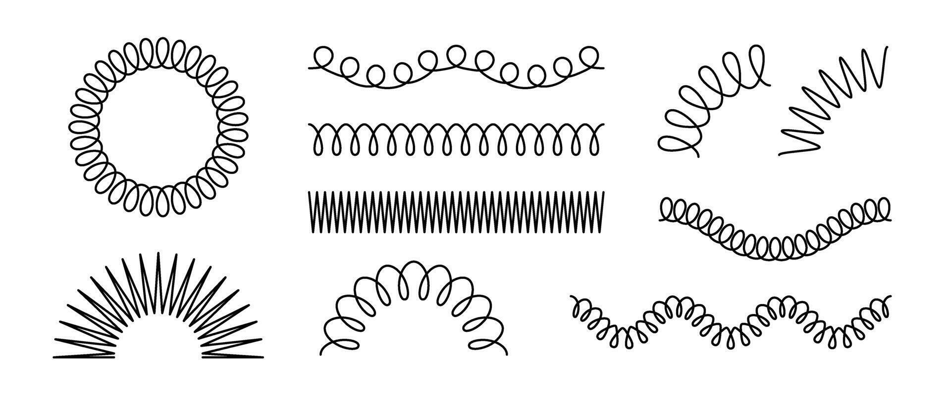 Spiral spring set. Black metal wire coil spring collection. Thin wire frames, zigzag lines, metal waves, flexible coils and arch element pack for graphic design templates, decor. vector